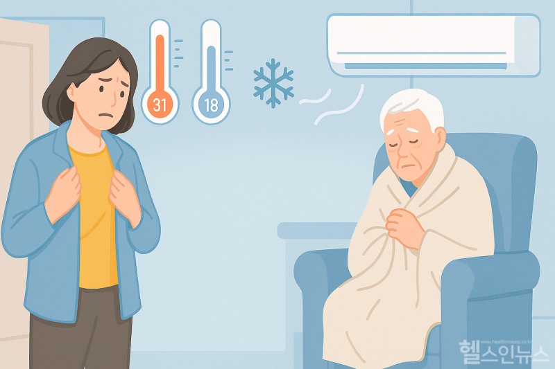 실내에서 냉방을 가동할 때는 가벼운 겉옷을 챙기는 것이 좋다. 노인은 체온 관리에 더욱 주의가 필요하다. (이미지 디자인 =GDH AI Design Team)