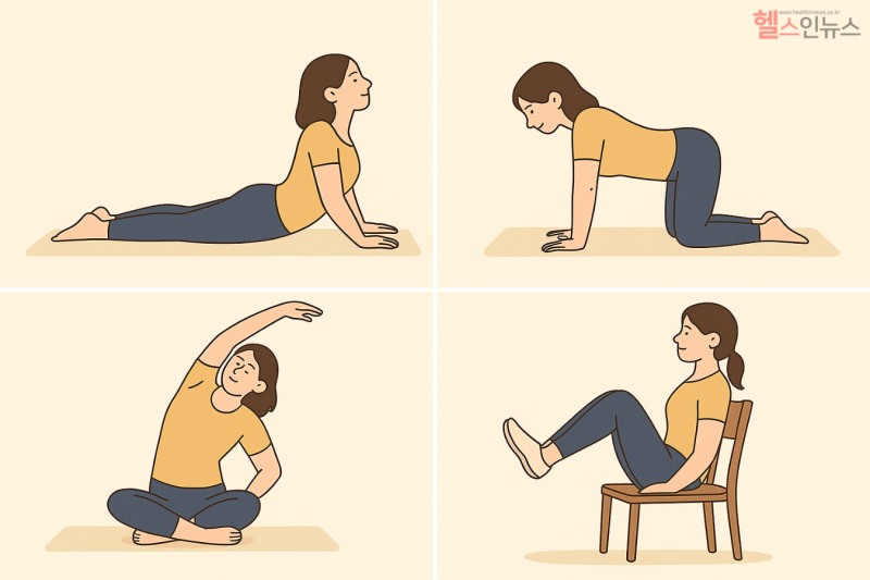 위 네 가지 동작은 기억해 두었다가 틈날 때마다 따라 하면 좋다. 복부 근육은 물론 전신의 혈류 개선에도 도움이 된다. 특히 복부에 집중할 때는 호흡을 깊게 들이마시며 복부에 힘을 주는 것이 중요하다. 복부를 단단히 지지하면 허리에 무리가 가지 않는다. (이미지 디자인 =GDH AI Design Team)