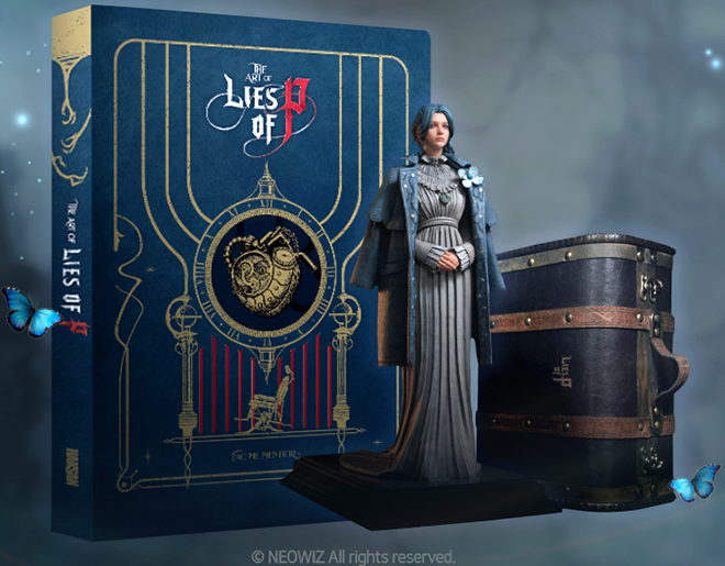 'P의 거짓' 공식 아트북과 소피아 피규어 이미지. 자료 제공 : 네오위즈