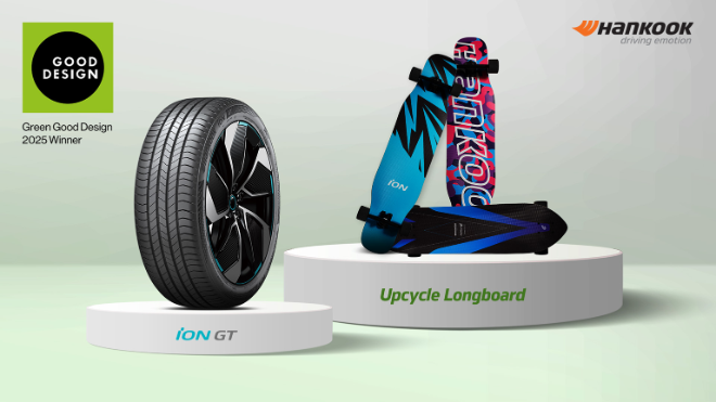 미국 '2025 그린 굿 디자인 지속가능성 어워드'에서 전기차 전용 타이어 '아이온 GT'와 재활용 타이어 바퀴 적용 '업사이클 롱보드' ⓒ한국타이어앤테크놀로지