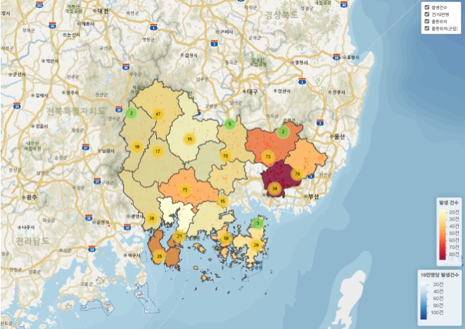 경상남도 소방본부가 최근 5년간 여름철(5~9월) 온열질환 관련 구급출동 데이터를 빅데이터 기반으로 분석한 결과를 발표했다. (경남소방본부 제공)