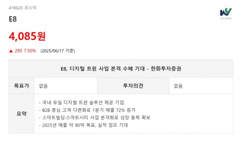 E8, 디지털 트윈 사업 본격 수혜 기대 - 한화투자증권