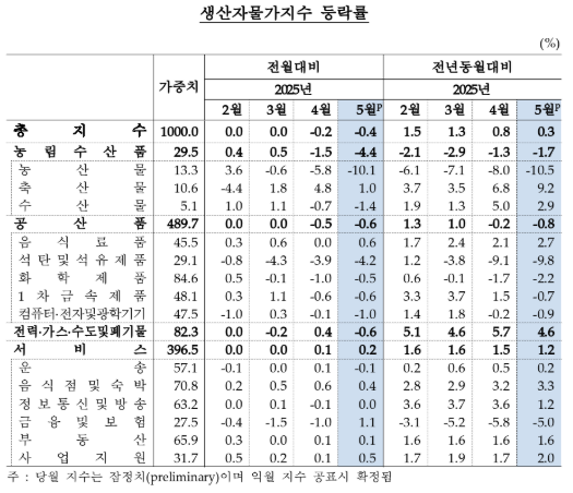 5월 생산자물가 전년비 0.3% 상승...넉 달 연속 상승폭 축소, 2023년 7월 이후 최저