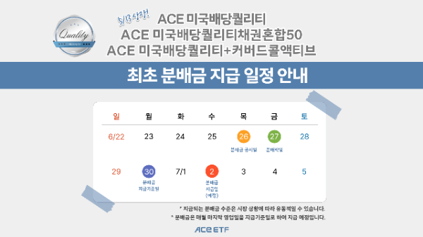 한국투자신탁운용은 ACE 미국배당퀄리티 상장지수펀드 시리즈가 내달 2일 첫번째 분배금을 지급한다고 24일 밝혔다. ⓒ 한국투자신탁운용