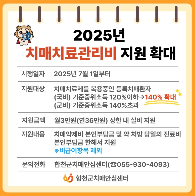 합천군, 치매치료관리비 지원 소득기준 확대 (합천군 제공)