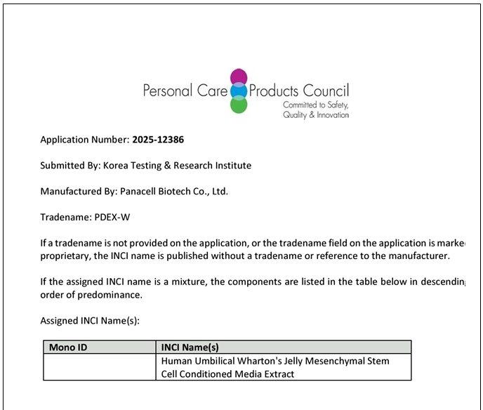 파나셀바이오텍, 와튼젤리중간엽줄기세포배양액추출물 ‘국제화장품성분’ 등록