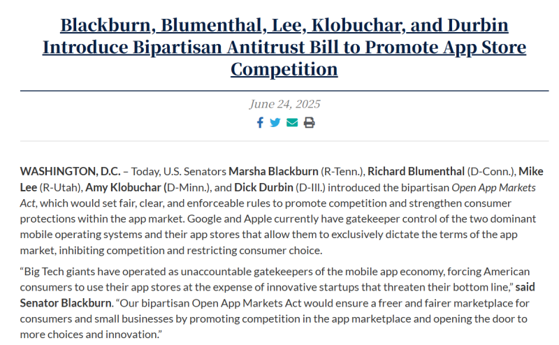 5명의 미국 상원의원이 '오픈 앱 마켓법'을 재발의했다.(출처=마샤 블랙번 상원의원 홈페이지).