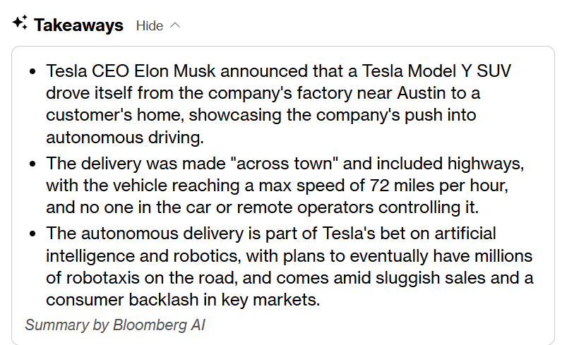 머스크 CEO가 27일(현지시간) 모델 Y SUV를 완전주율지행으로 door to door 서비스를 완료했다고 밝혔다. 자료=X 캡처