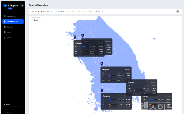 STAgora™ 감염병 분석 화면에서 지역단위별 감염병 발생 통계를 실시간으로 시각화하여 보여주고 있다. (씨젠 제공)