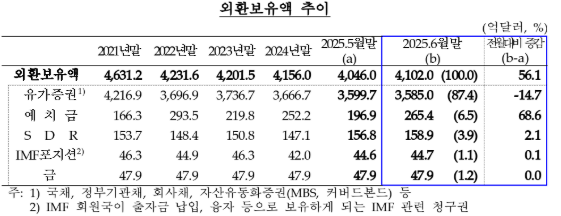 6월말 외환보유액 4천102억달러로 전월비 56억달러 증가...석 달 만에 큰폭 증가 전환 - 한은