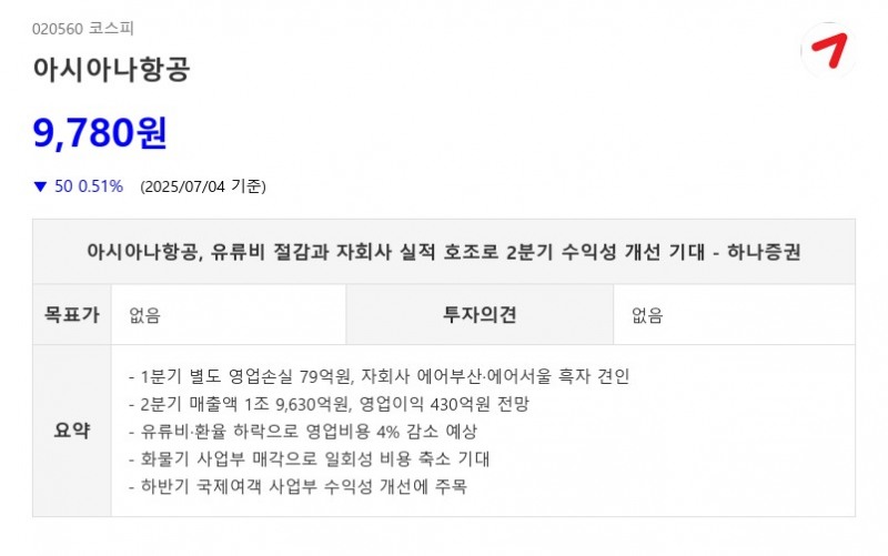 아시아나항공, 유류비 절감과 자회사 실적 호조로 2분기 수익성 개선 기대 - 하나증권