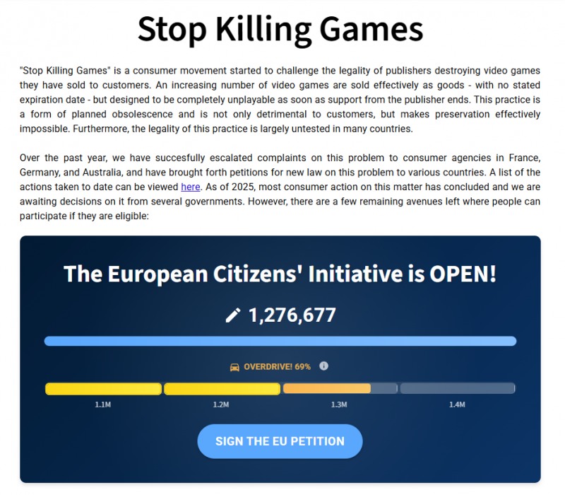 서명자 130만 돌파를 앞둔 '스탑 킬링 게임즈' 캠페인(출처=공식 홈페이지 캡처).