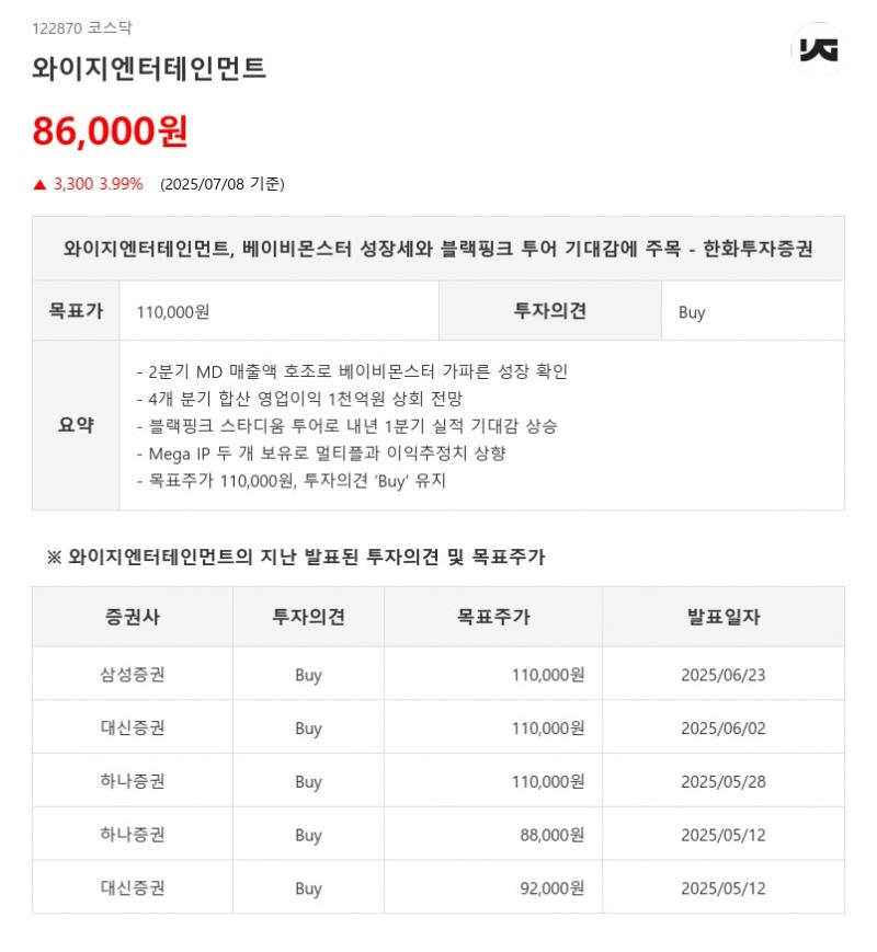 와이지엔터테인먼트, 베이비몬스터 성장세와 블랙핑크 투어 기대감에 주목 - 한화투자증권