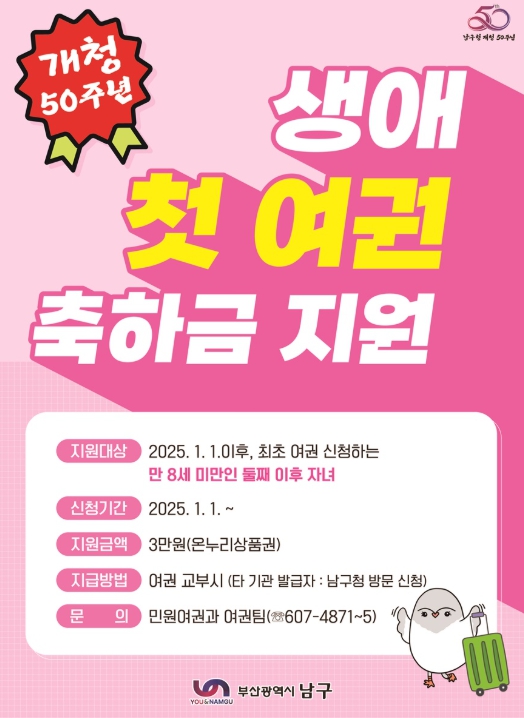 다자녀가정 아동 첫 여권 발급 축하금 지원 사업 (부산 남구 제공)