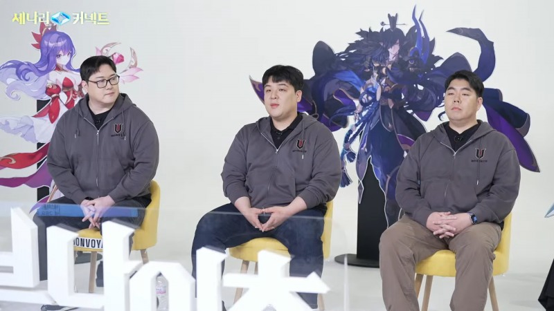 '세븐나이츠 리버스' 개발자 3인방. 왼쪽부터 김정기 PD, 손건희 기획팀장, 황해빛누리 크리에이티브 디렉터(출처='세븐나이츠 리버스' 공식 유튜브).