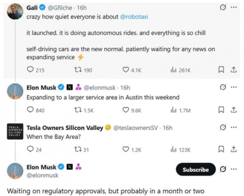 머스크CEO가 10일(현지시간) 소셜 미디어 X에 올린 글에서 캘리포니아주로 로보택시 시범 운영을 한 두달쯤 뒤에 가능하다고 답변했다. 자료=X 캡처, 블룸버그통신