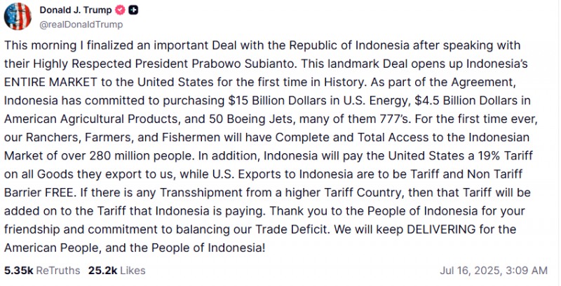 (상보) 트럼프, 인니와 무역합의…관세 32→19% 낮춰