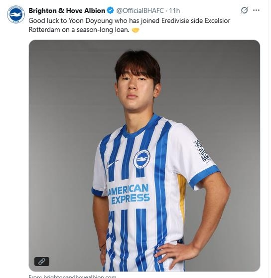 윤도영의 엑셀시오르 임대 이적을 발표한 브라이턴. / 사진=브라이턴 구단 SNS. 연합뉴스