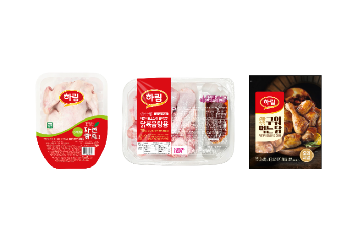 하림 보양식 닭고기 제품 3종(왼쪽부터 자연실록 삼계탕용, 매콤마늘소스가 들어있는 닭볶음탕용, 구워먹는 닭)