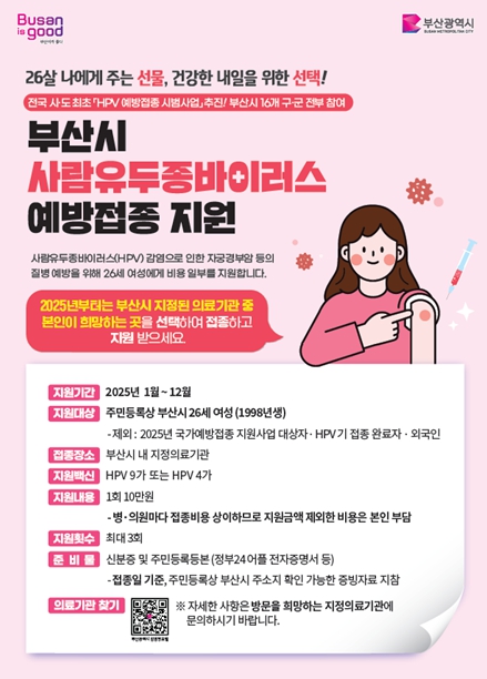 26세(1998년생) 여성 올해 연말까지만 사람유두종바이러스 예방접종 지원 (부산시 제공)