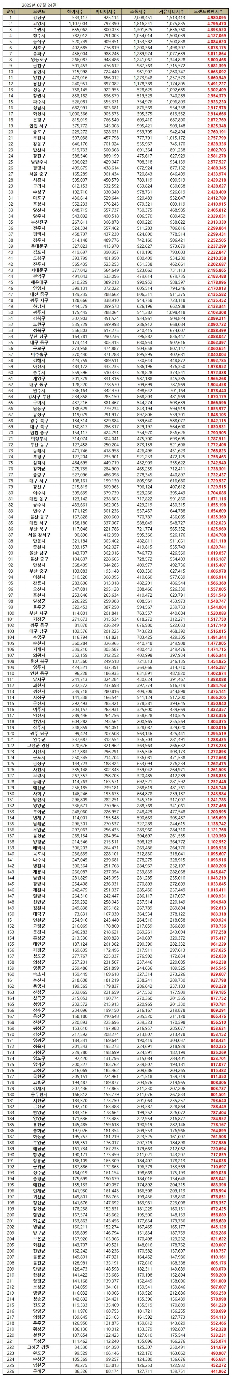 강남구, 대한민국 기초자치단체 브랜드평판 2025년 7월...1위