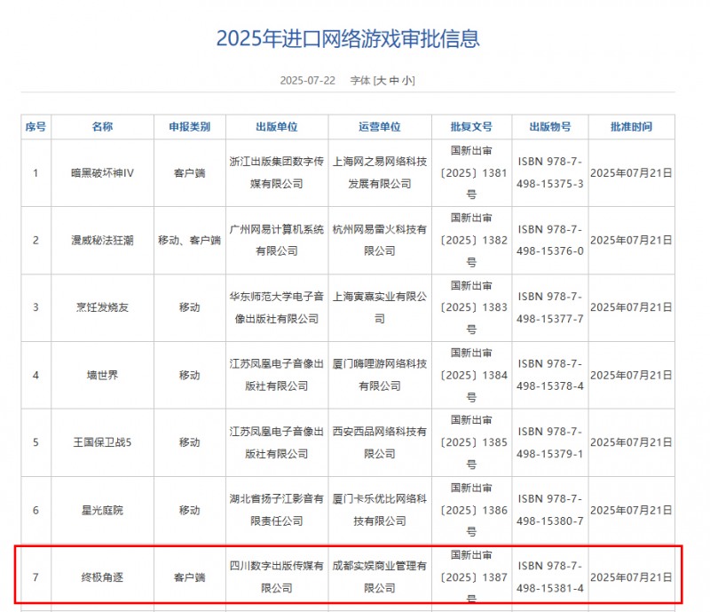 총 7편의 게임이 '외자판호'를 받았다(출처=중국국가신문출판서 공식 홈페이지 캡처).
