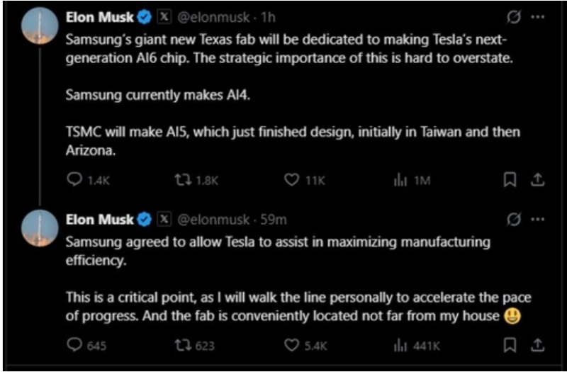 머스크 CEO는 27일(현지시간) 소셜 미디어 X(옛 트위터)에 올린 글에서 "삼성의 텍사스 공장이 테슬라 차세대 A16칩 생산에 전념할 예정"이라고 밝혔다. 자료=X 캡처