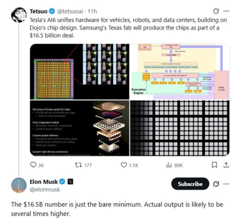 일론 머스크 CEO는 전날 소셜 미디어 X에 올린 글에서 "이번 A16 발주는 최소 물량이라며 앞으로 몇 배 더 늘어날 수 있다"고 밝혔다. 자료=X 캡처