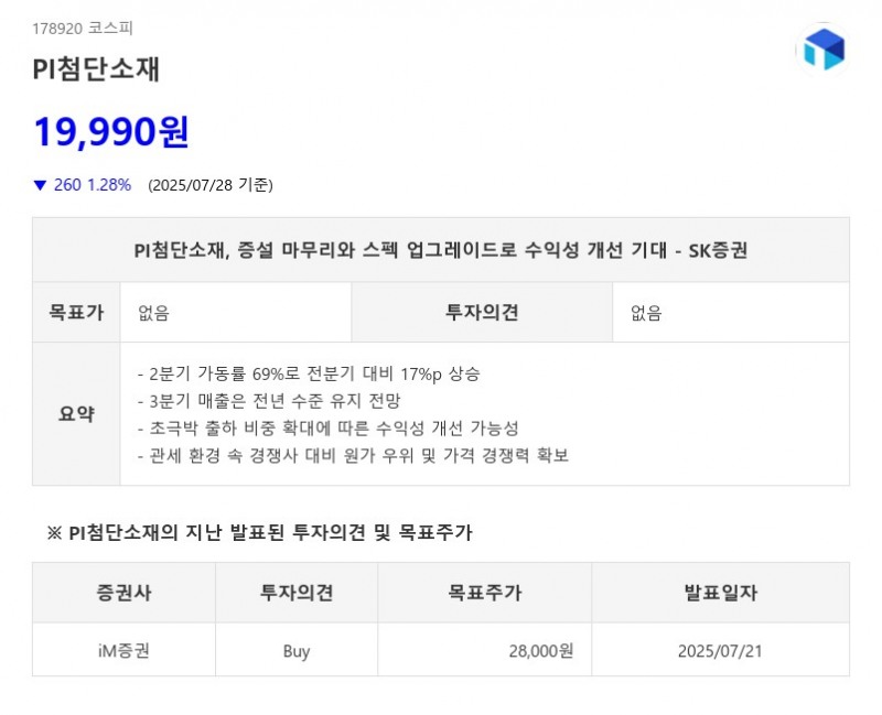 PI첨단소재, 증설 마무리와 스펙 업그레이드로 수익성 개선 기대 - SK증권