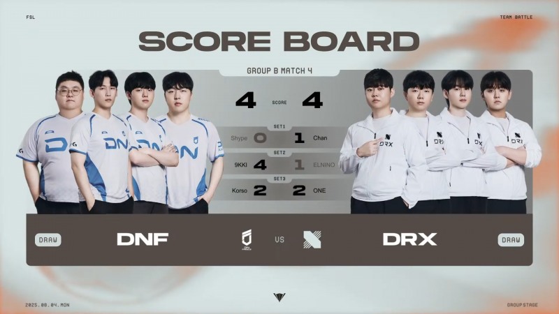 3세트 접전 끝 동점으로 마무리된 DN 프릭스와 DRX의 1경기(출처=대회 실황 캡처).