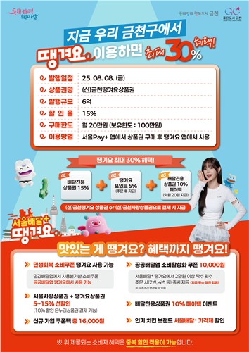 '금천땡겨요상품권' 8일 6억 원 규모 추가 발행…최대 30% 혜택