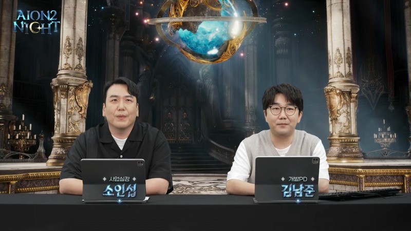 '아이온2'의 전투 콘텐츠와 시연을 진행한 엔씨소프트 김남준 개발PD(오른쪽), 소인섭 사업실장(출처='아이온2' 공식 유튜브).