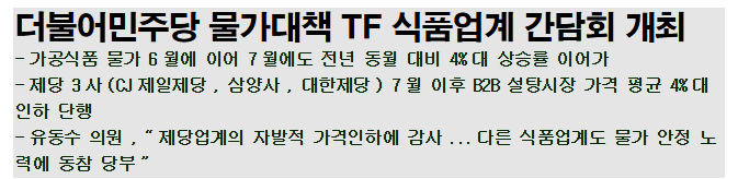 민주당 물가대책TF "제당3사 B2B 설탕가격 인하 가공식품 물가안정에 상당히 기여할 것"
