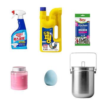 좌측 상단부터 시계방향으로 피죤 '무균무때 뿌리는 락스세제', 피죤 '드릴펑', 폴리보이 '키친클리닝 티슈',JVR '올 스테인리스 음식물 쓰레기통', 라이프스탠다드 '냄새먹는 달걀', BAS '탈취제'.