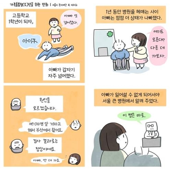 서울시복지재단이 운영하는 가족돌봄청년 당사자 네트워크 '영케미'와 넷플릭스 드라마 '정신병동에도 아침이 와요' 이라하 작가가 함께 제작한 인스타툰 일부 (서울시복지재단 제공)