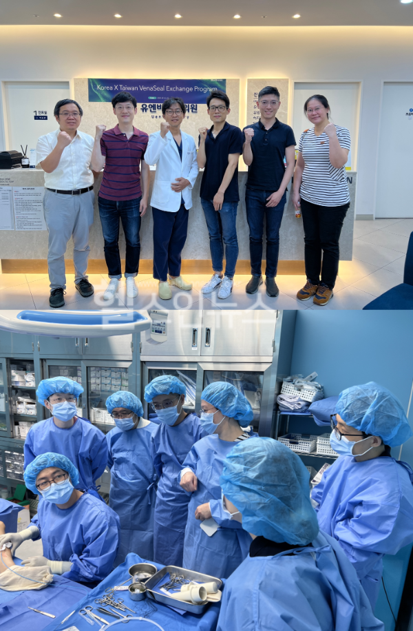 (위) 좌측 세 번째, 김명진 유엔비외과 대표원장, 좌측 하단, (아래) 김명진 유엔비외과 대표원장 (유엔비외과 제공)