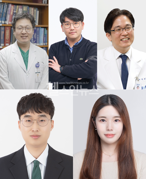 (좌측부터 차례로) 김영훈 아산병원 교수, 이환희 부산대학교 교수, 이정표 보라매병원 교수, 한승현 일산백병원 교수, 유은진 포항공대 대학원생 (보라매병원 제공)
