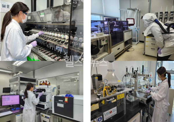 (위) <담배연기발생장치, Smoking Machine: 리니어형(왼쪽), 로타리형(오른쪽)> 담배연기를 발생시키고, 주류연 속에 있는 입자를 포집하는 장치이다.(아래) <성분분석장비(LC/MS/MS, 왼쪽), 인체모사 담배연기노출 시험장비(오른쪽)> 담배 제품 및 담배 주류연 내 성분과 임상시료 내 바이오마커 분석 시 사용하는 액체크로마토그래피/질량분석기(LC/MS/MS)와 인체 흡연을 모사해 담배연기를 세포에 직접 노출할 수 있는 인체모사 담배연기노출 시험장비를 운용하는 모습이다. (질병관리청 제공)