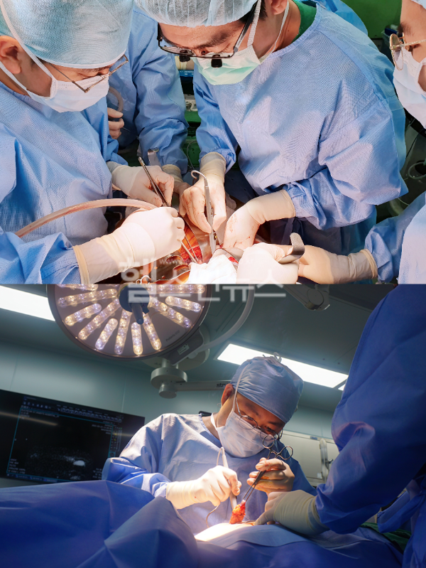 (위)나건형 부천성모병원 간담췌외과 교수의 간이식수술 진행 모습, (아래)류지영 부천성모병원 유방외과 교수의 유방암 수술 진행 모습 (부천성모병원 제공)
