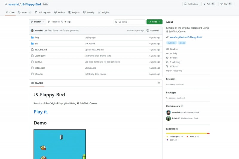 간단한 하이퍼캐주얼 소스코드는 깃허브에서 쉽게 찾을 수 있다(출처=깃허브 홈페이지 캡쳐).