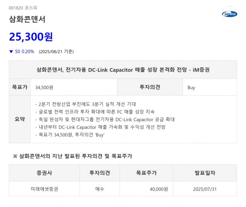 삼화콘덴서, 전기차용 DC-Link Capacitor 매출 성장 본격화 전망 - iM증권