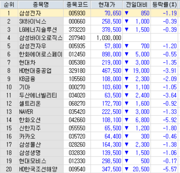 26일 시가총액 상위 20개 종목이 일제히 하락하고 있다. 자료=한국투자증권