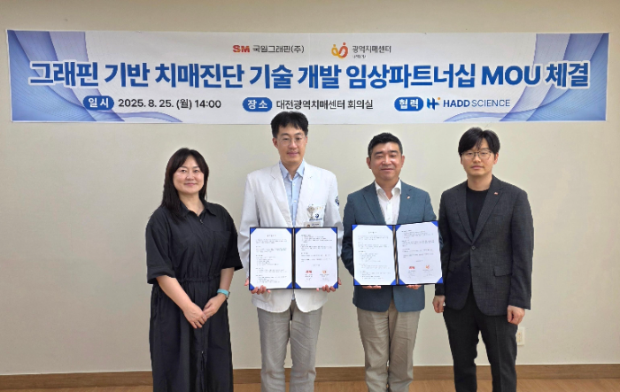 국일그래핀 강태현 대표이사(오른쪽 두 번째)와 채승진 상무(맨 오른쪽)가 지난 25일 대전 중구 대전광역치매센터에서 충남대병원 신경과 오응석 교수(왼쪽 두 번째), 하드사이언스 허채정 대표와 그래핀 기반 치매 진단기술 개발 임상 협력을 위한 업무협약(MOU)을 체결한 뒤 기념촬영을 하고 있다. / 제공=SM그룹