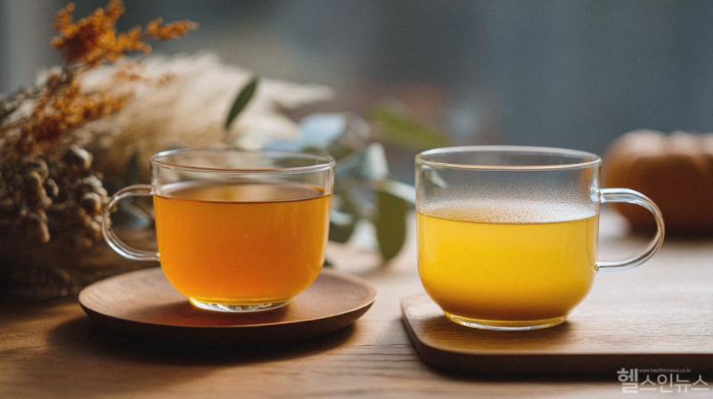 옥수수수염차와 호박차는 모두 이뇨 작용을 통해 붓기 완화에 도움을 주지만, 옥수수수염차는 신장·간 건강에, 호박차는 면역력 강화와 회복기에 더 적합하다. (이미지 디자인 =GDH AI Design Team)