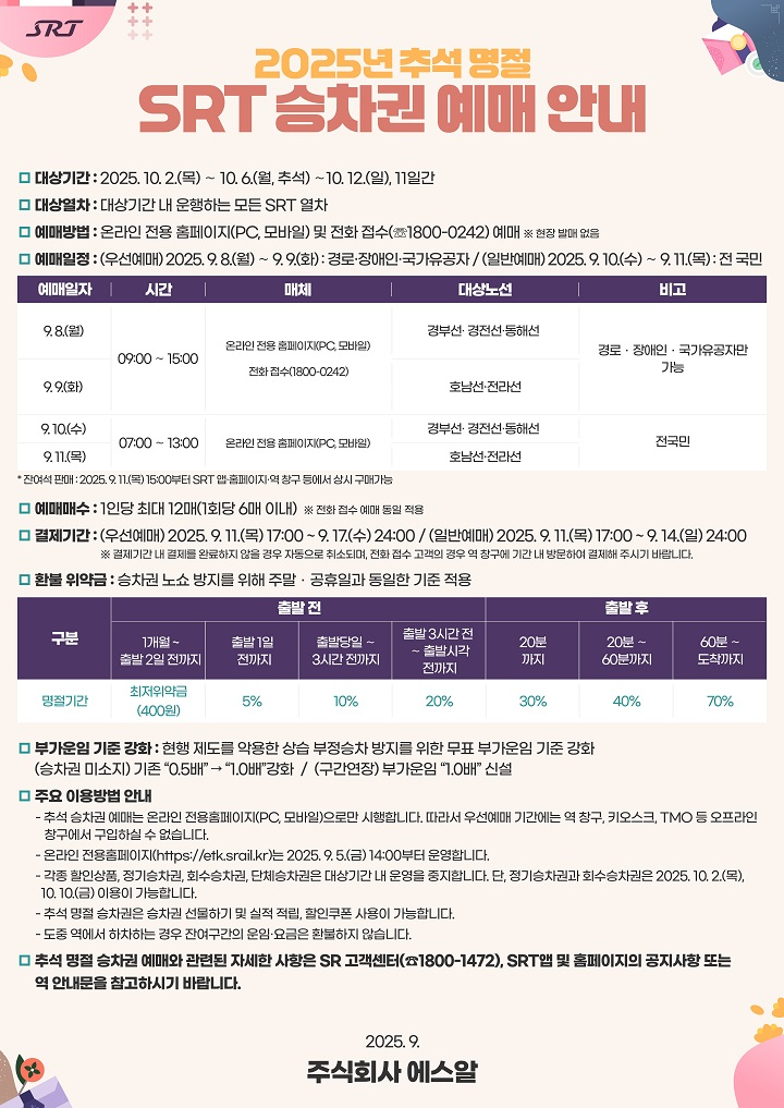 추석 명절 SRT 승차권 예매 안내./에스알