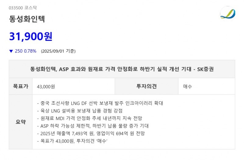 동성화인텍, ASP 효과와 원재료 가격 안정화로 하반기 실적 개선 기대 - SK증권