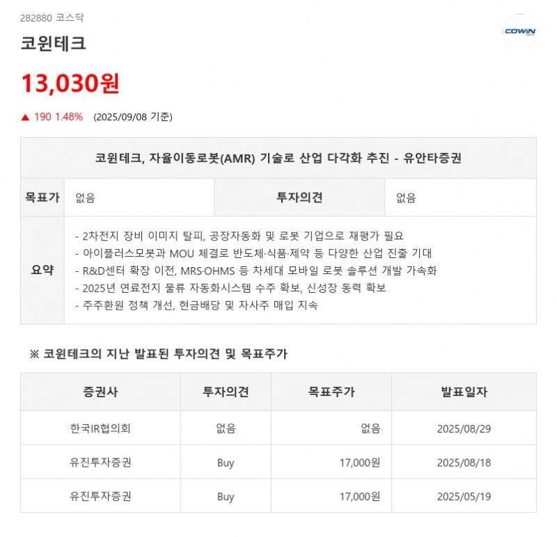 코윈테크, 자율이동로봇(AMR) 기술로 산업 다각화 추진 - 유안타증권