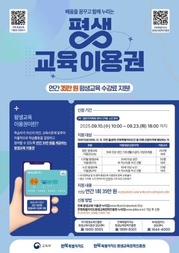 전북특별자치도, 평생교육이용권(바우처) 2차 추가 모집…도민 335명 지원 (전북도 제공)