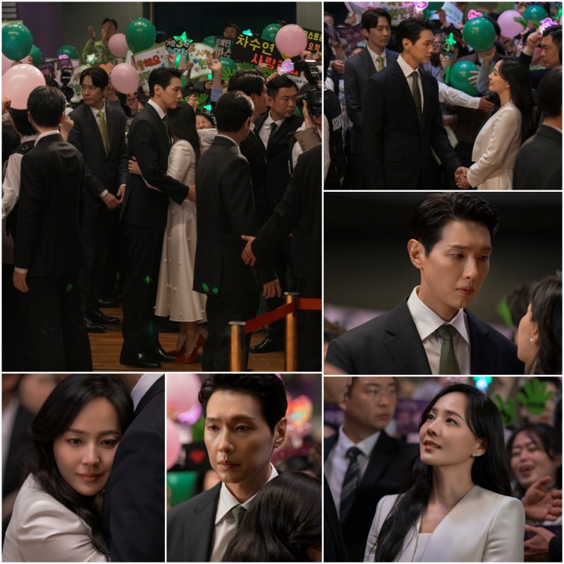 ‘퍼스트레이디’ 유진X지현우, 환호하는 국민들 응원봉 물결 속 기쁨 가득 ‘와락 포옹’ 현장