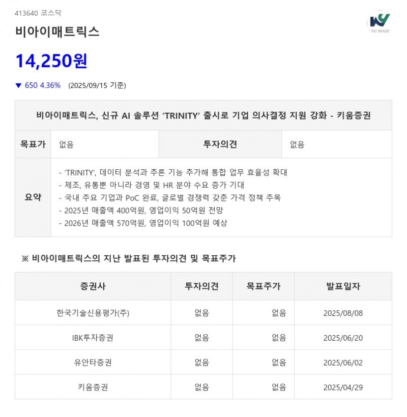 비아이매트릭스, 신규 AI 솔루션 ‘TRINITY’ 출시로 기업 의사결정 지원 강화 - 키움증권